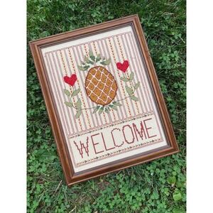 Elsa Williams crewel beaded pineapple welcome sign framed